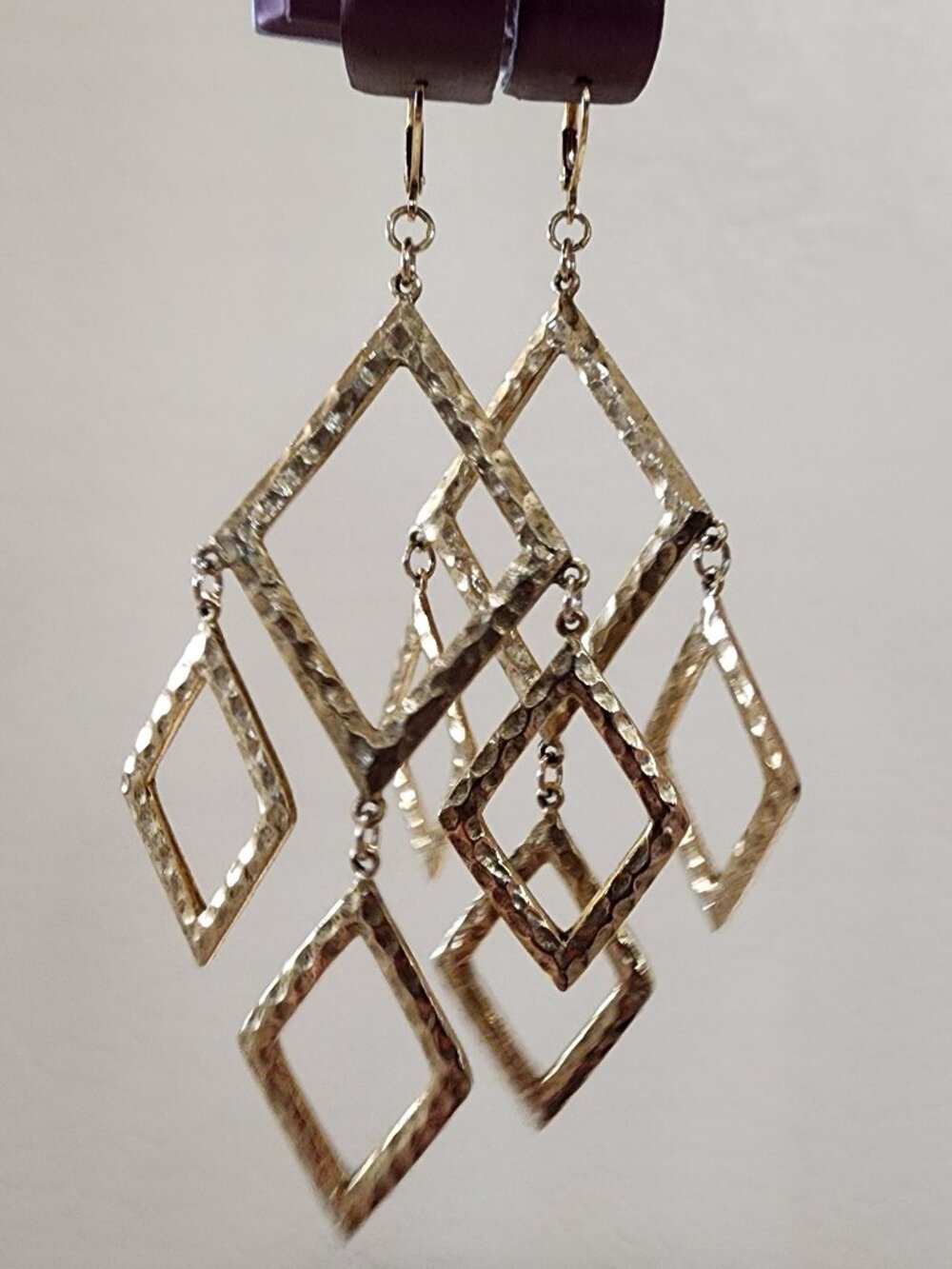 Betsey Johnson Hammered Gold HUGE Tiered Diamond Chandelier Pierced Earrings